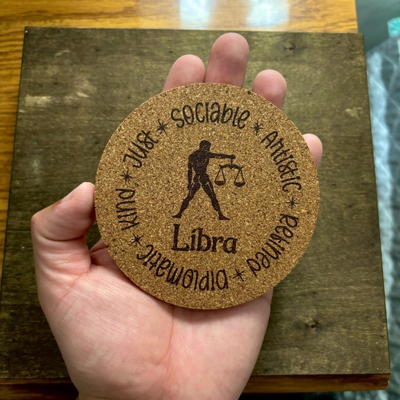 Libra Zodiac Sign Encircled Laser Engraved Cork Coaster - Picture 3 of 5